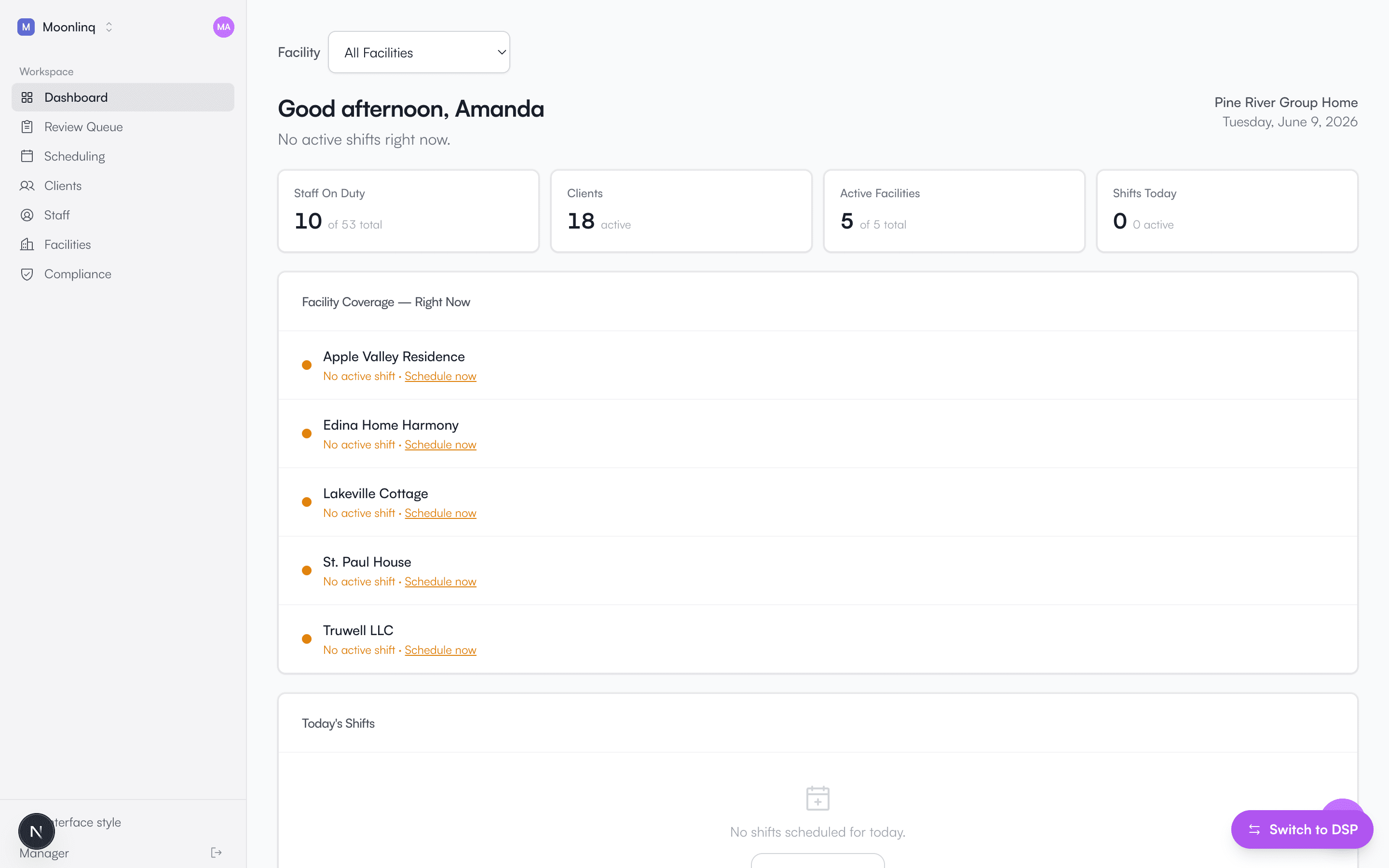 Moonlinq manager dashboard — staff on duty, clients, and facility coverage at a glance